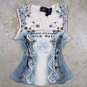 Route 66 Wild West Graphic Tank Top Women's Medium White Blue Cotton